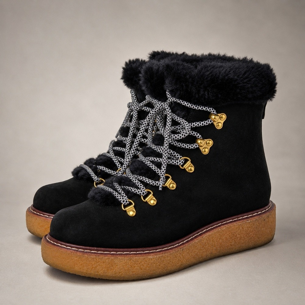 J. Crew Nordic Boots Women 7 Black Suede Faux Fur Platform Hiker Excellent